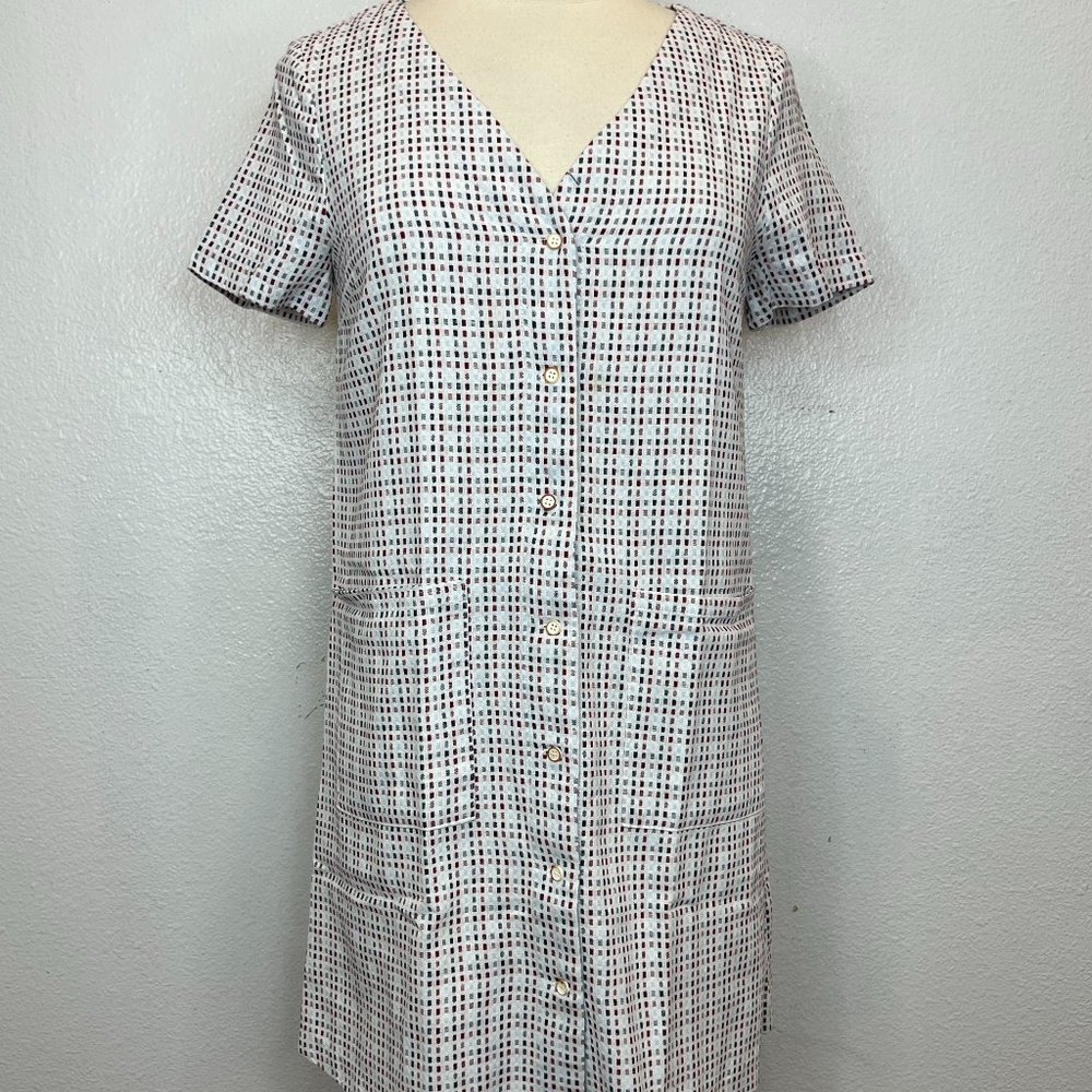 Mo:vint By Anthropologie Dress Dot Textured‎ V Neck Button Down Short Sleeve XS